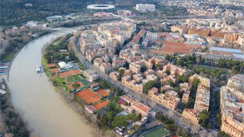 Aerial View Of Tiber River Olympic Stadium And Foro Italico Rome