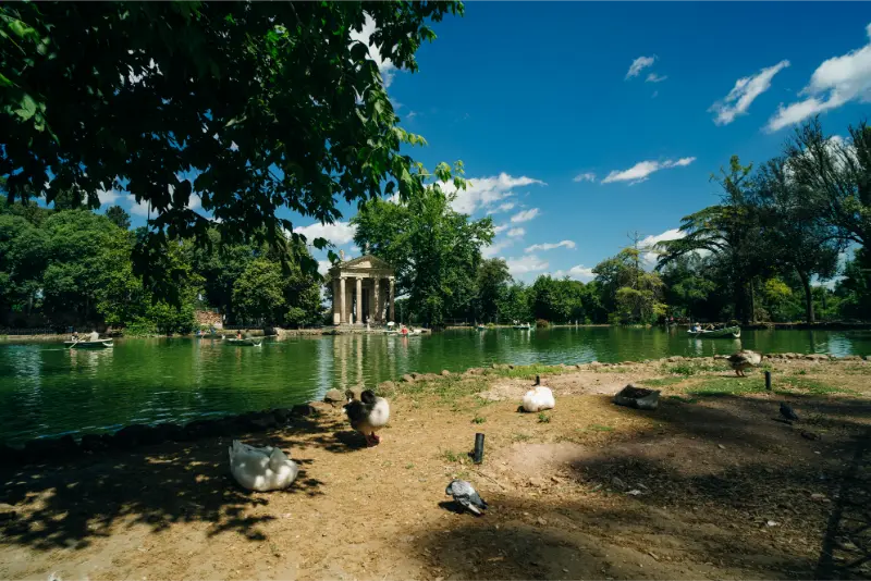 Pond With Temple Aesculapius Gardens Villa Borghese Rome Italy 2 May 2024 1