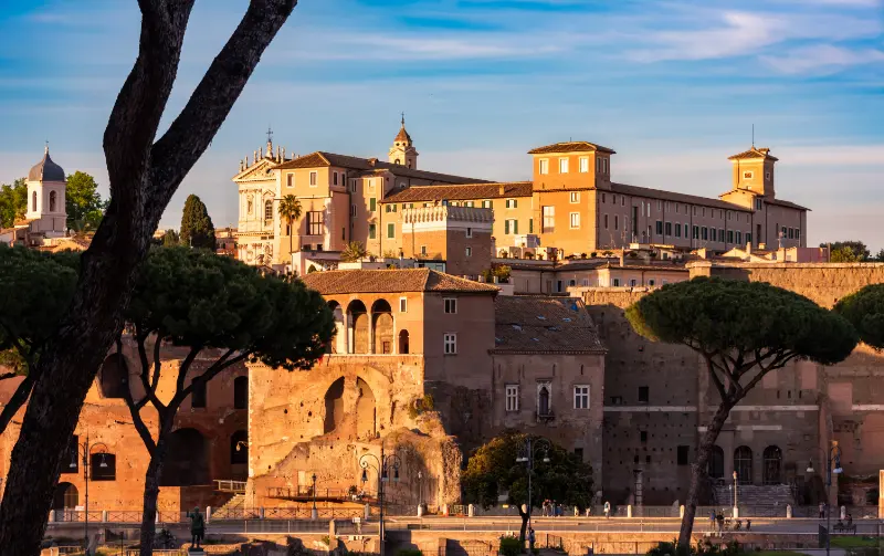 Trajan's Market and Imperial Forums at sunset